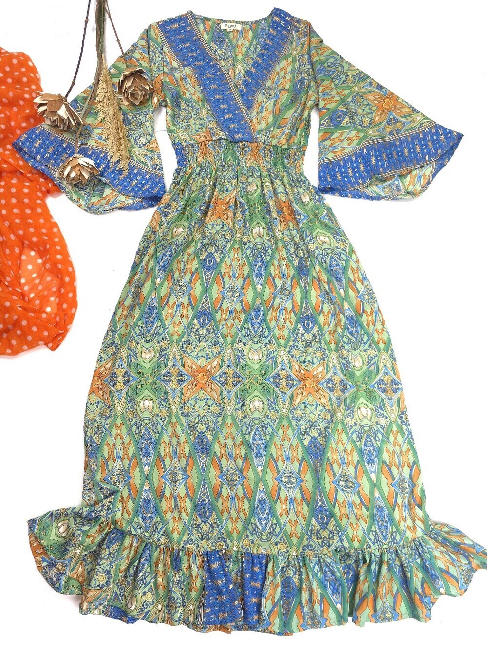 Paani Boho V-Neck Printed Maxi Dress in Green Gold Blue Sz S
